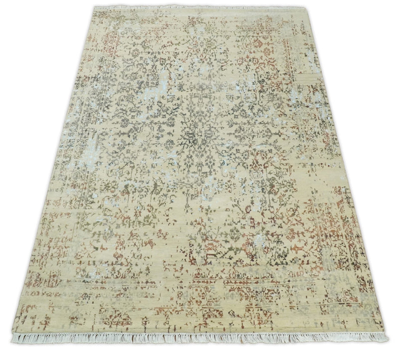 6x9 Fine Hand Knotted Beige and Rust Traditional Vintage Persian Style Antique Wool and Silk Rug | AGR2