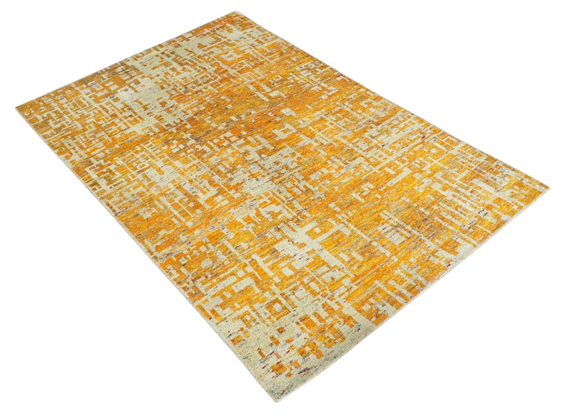 6x9 Gold and Ivory Modern Abstract Recycled wool Area Rug