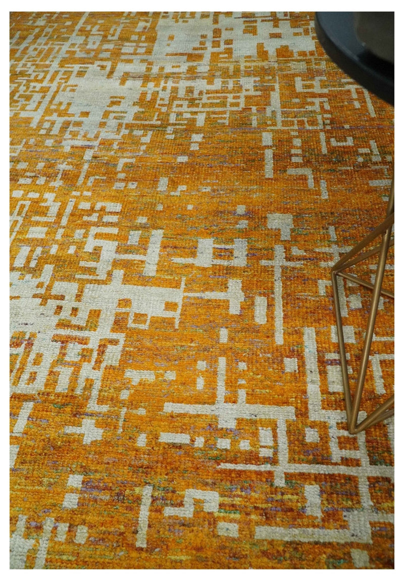 6x9 Gold, Ivory and rust Modern Abstract Recycled Silk Area Rug