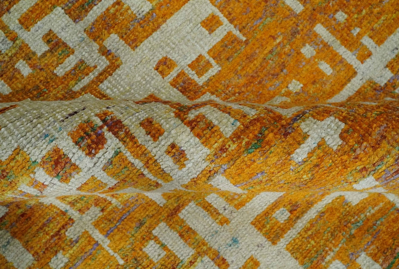 6x9 Gold, Ivory and rust Modern Abstract Recycled Silk Area Rug