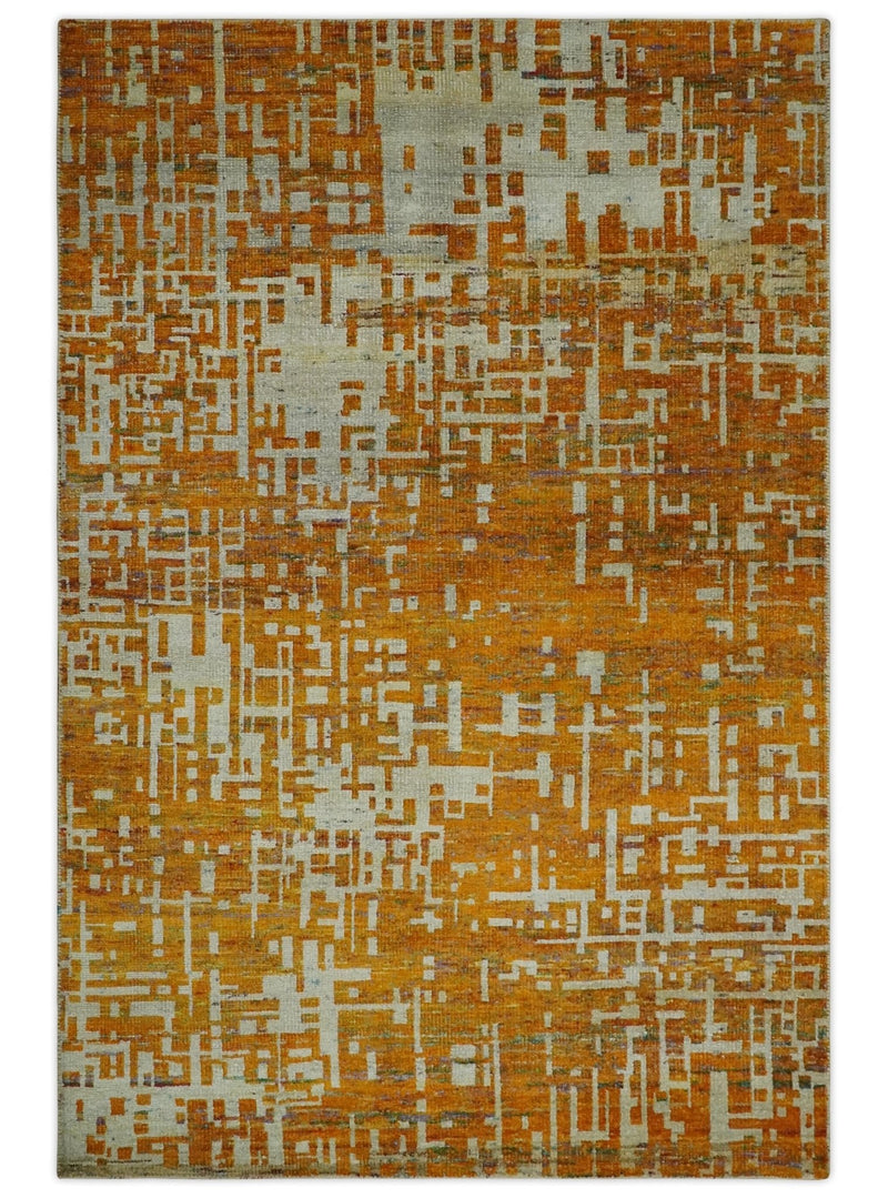 6x9 Gold, Ivory and rust Modern Abstract Recycled Silk Area Rug