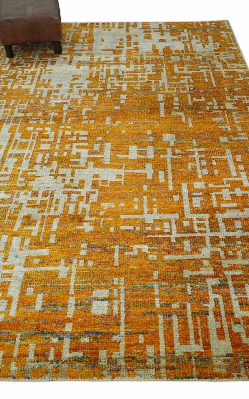 6x9 Gold, Ivory and rust Modern Abstract Recycled Silk Area Rug