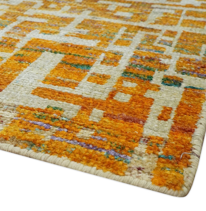 6x9 Gold, Ivory and rust Modern Abstract Recycled Silk Area Rug