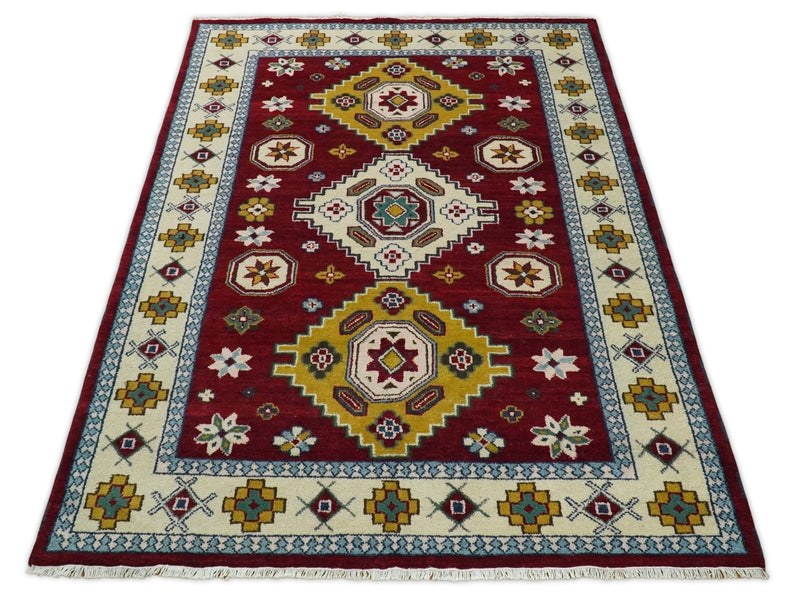 6x9 Hand Knotted Antique Kazak Red and Beige Traditional Tribal Armenian Rug | KZA16