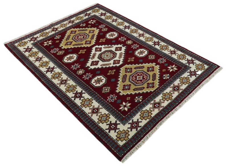 6x8 Hand Knotted Antique Kazak Red and Ivory Traditional Tribal Armenian Rug | KZA14