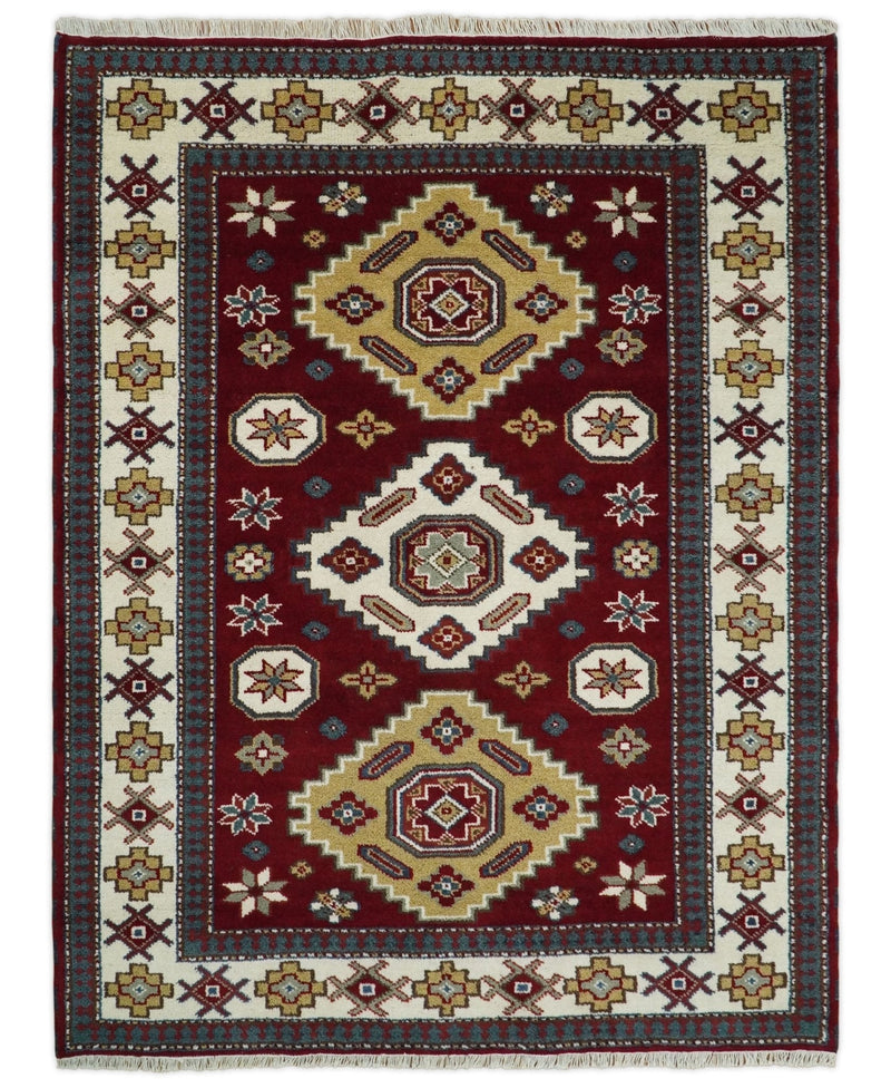 6x8 Hand Knotted Antique Kazak Red and Ivory Traditional Tribal Armenian Rug | KZA14