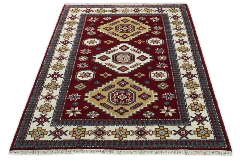 6x8 Hand Knotted Antique Kazak Red and Ivory Traditional Tribal Armenian Rug | KZA14