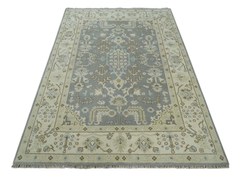 6x9 Hand Knotted Antique Silver, Beige and Brown Traditional Persian Vintage Oushak Wool Rug | TRDCP808