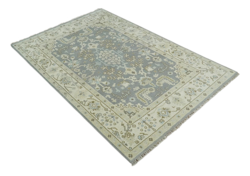 6x9 Hand Knotted Antique Silver, Beige and Brown Traditional Persian Vintage Oushak Wool Rug | TRDCP808