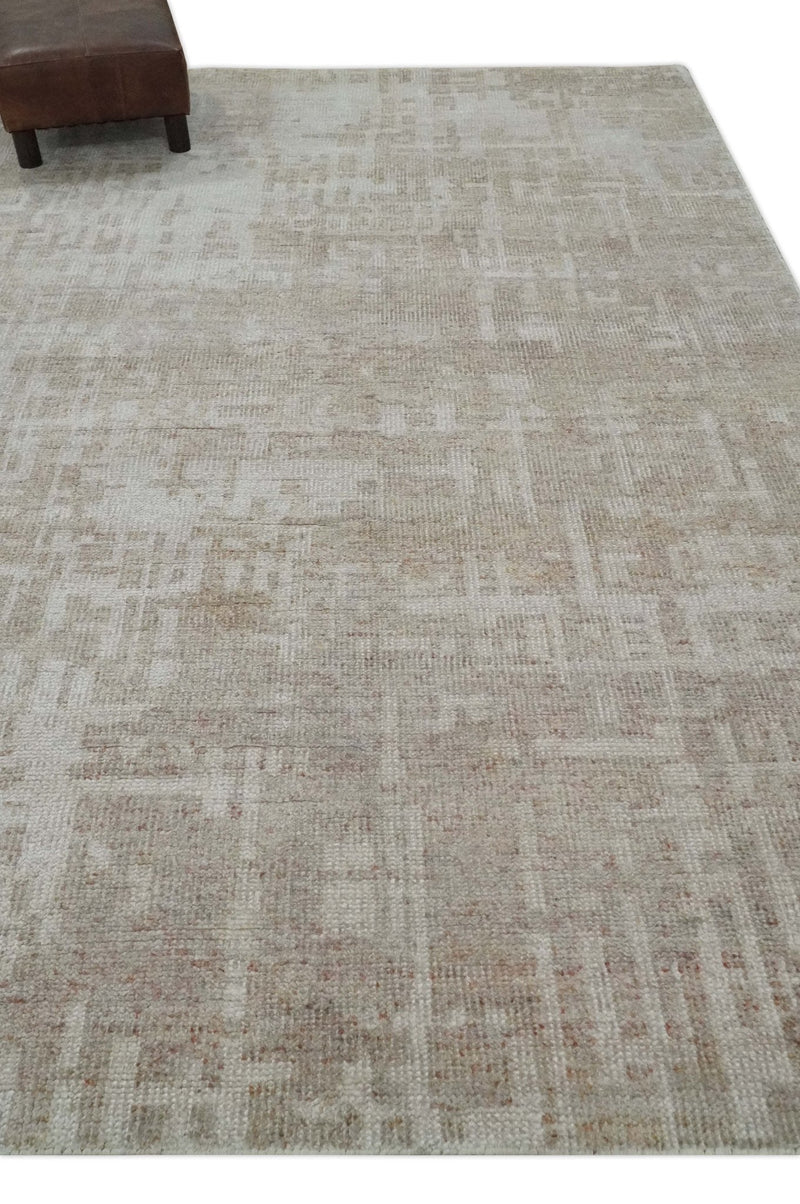 6x9 Hand Knotted Beige and Ivory Modern Abstract Contemporary Recycled wool Area Rug