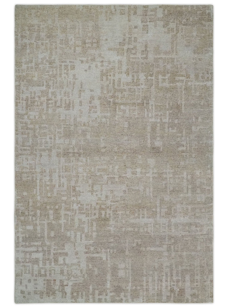 6x9 Hand Knotted Beige and Ivory Modern Abstract Contemporary Recycled wool Area Rug