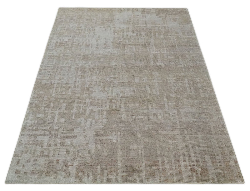 6x9 Hand Knotted Beige and Ivory Modern Abstract Contemporary Recycled wool Area Rug