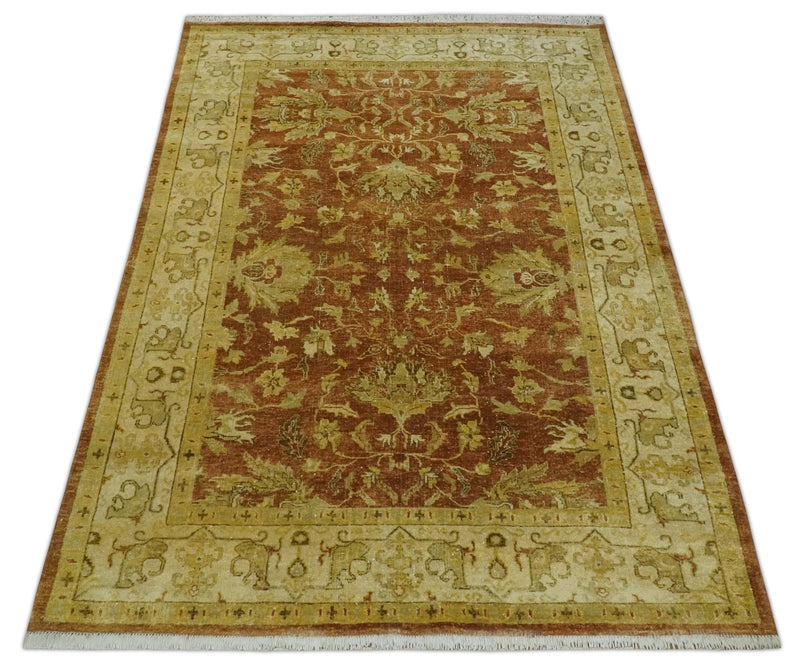 6x9 Hand Knotted Beige and Rust Traditional Oushak Wool Area Rug