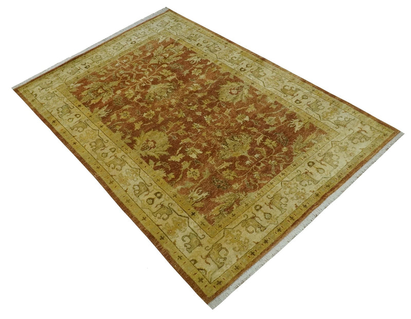 6x9 Hand Knotted Beige and Rust Traditional Oushak Wool Area Rug
