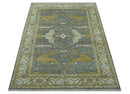 6x9 Hand Knotted Gray, Olive and Ivory Traditional Oriental Oushak wool area rug