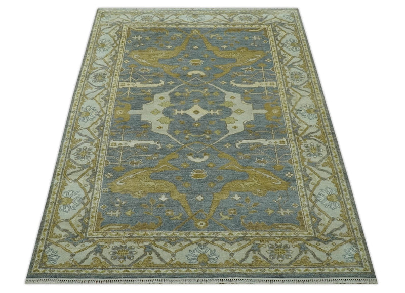 6x9 Hand Knotted Gray, Olive and Ivory Traditional Oriental Oushak wool area rug