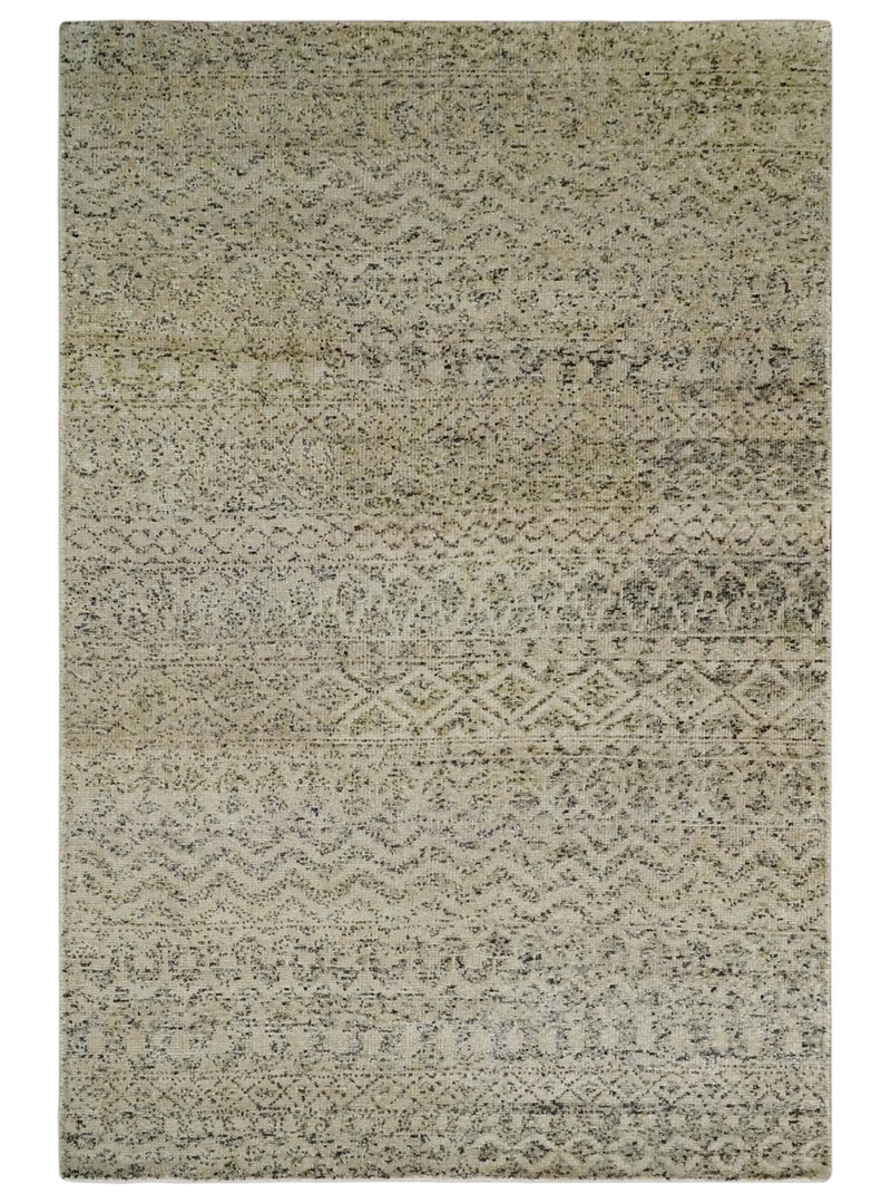 6x9 Hand Knotted Ivory, Camel and Charcoal Modern Contemporary Southwestern Tribal Trellis Recycled wool Area Rug