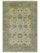 6x9 Hand Knotted Ivory, Gray and Mustard Traditional Oriental Oushak wool rug