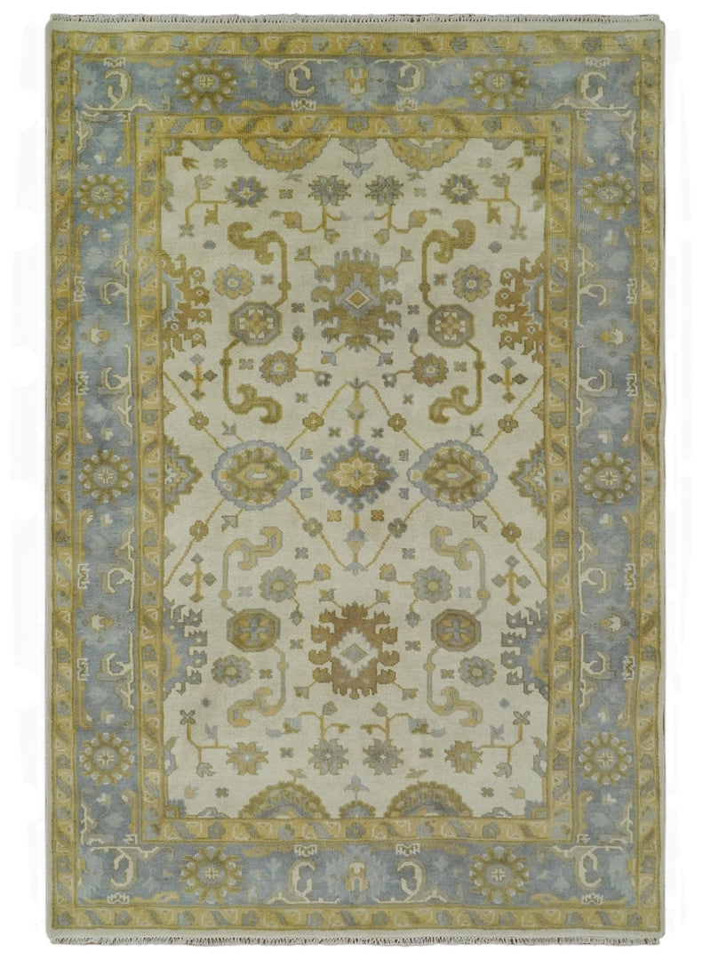 6x9 Hand Knotted Ivory, Gray and Mustard Traditional Oriental Oushak wool rug