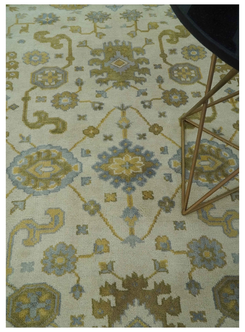 6x9 Hand Knotted Ivory, Gray and Mustard Traditional Oriental Oushak wool rug
