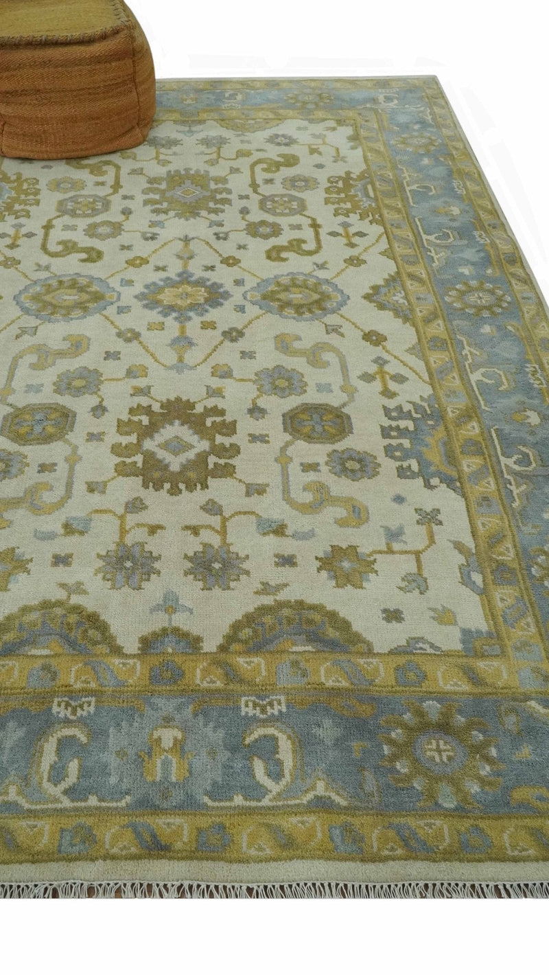 6x9 Hand Knotted Ivory, Gray and Mustard Traditional Oriental Oushak wool rug
