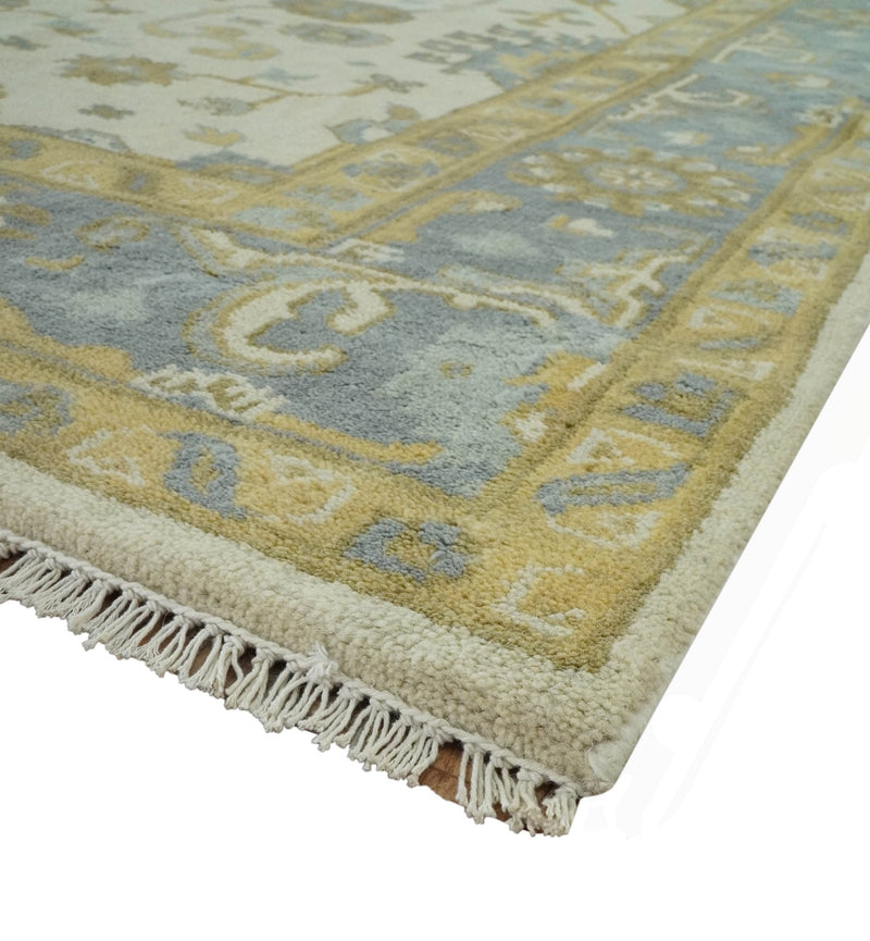 6x9 Hand Knotted Ivory, Gray and Mustard Traditional Oriental Oushak wool rug