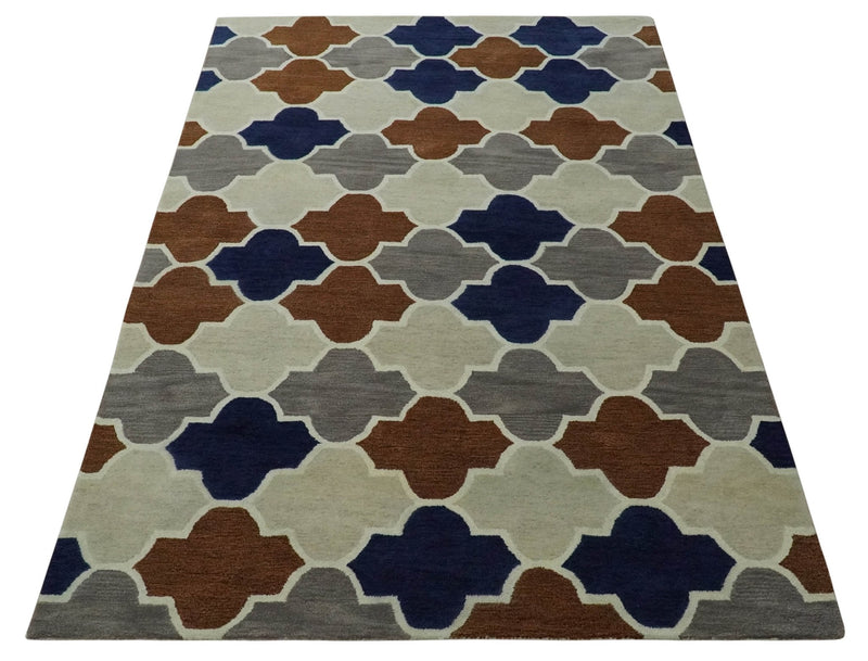 6x9 Ivory, Blue, Brown and Silver Ikat Pattern Hand Tufted Wool Area Rug