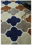 6x9 Ivory, Blue, Brown and Silver Ikat Pattern Hand Tufted Wool Area Rug by The Rug Decor