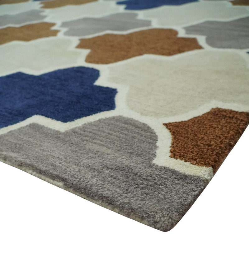 6x9 Ivory, Blue, Brown and Silver Ikat Pattern Hand Tufted Wool Area Rug