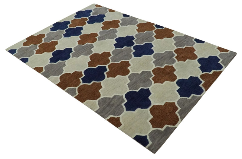 6x9 Ivory, Blue, Brown and Silver Ikat Pattern Hand Tufted Wool Area Rug