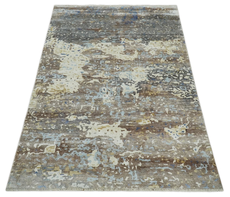 6x9 Ivory, Charcoal and Silver Modern Abstract Hand Knotted Wool Area Rug