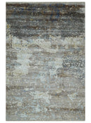 6x9 Ivory, Charcoal and Silver Modern Abstract Hand Knotted Wool Area Rug