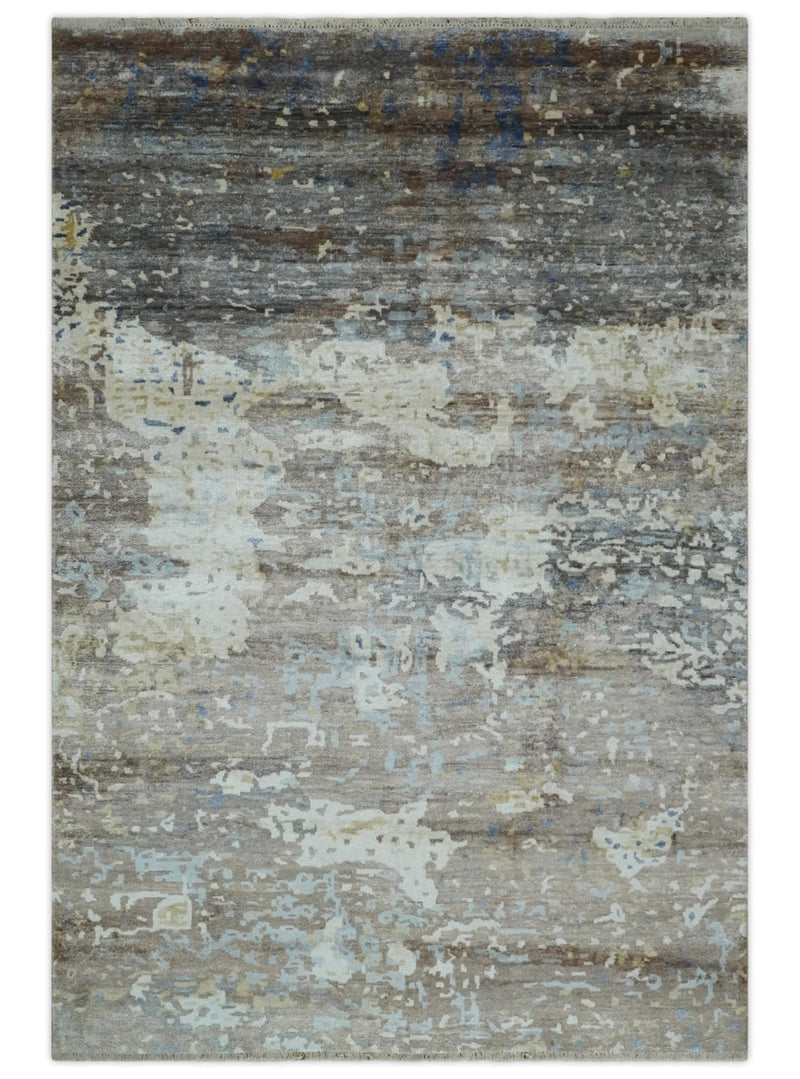 6x9 Ivory, Charcoal and Silver Modern Abstract Hand Knotted Wool Area Rug