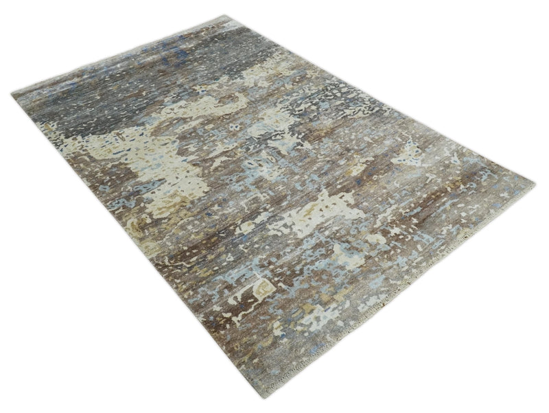 6x9 Ivory, Charcoal and Silver Modern Abstract Hand Knotted Wool Area Rug