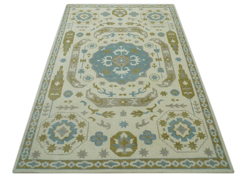 6x9 Ivory, Olive and Teal Hand Knotted Traditional Medallion Mamluk Design wool Area Rug