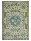 6x9 Ivory, Olive and Teal Hand Knotted Traditional Medallion Mamluk Design wool Area Rug