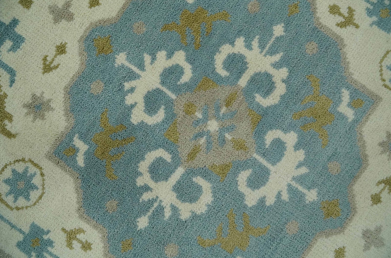 6x9 Ivory, Olive and Teal Hand Knotted Traditional Medallion Mamluk Design wool Area Rug