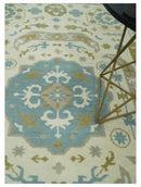 6x9 Ivory, Olive and Teal Hand Knotted Traditional Medallion Mamluk Design wool Area Rug