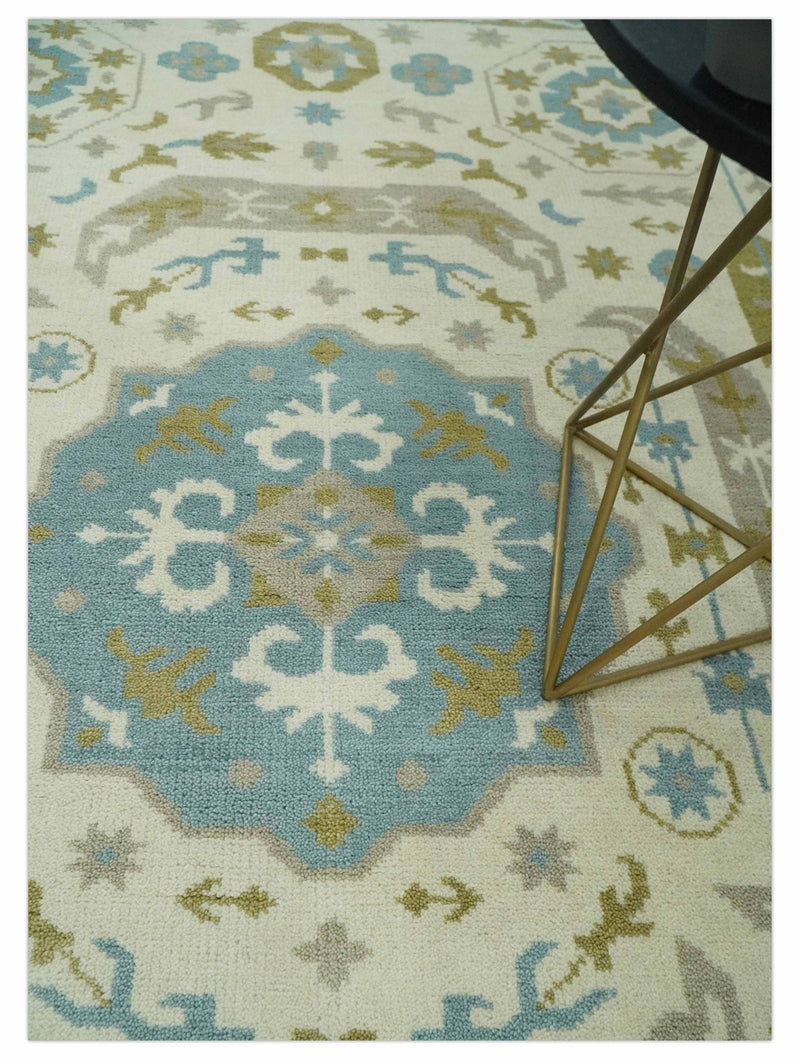 6x9 Ivory, Olive and Teal Hand Knotted Traditional Medallion Mamluk Design wool Area Rug