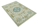 6x9 Ivory, Olive and Teal Hand Knotted Traditional Medallion Mamluk Design wool Area Rug