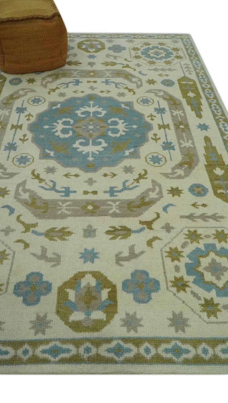 6x9 Ivory, Olive and Teal Hand Knotted Traditional Medallion Mamluk Design wool Area Rug