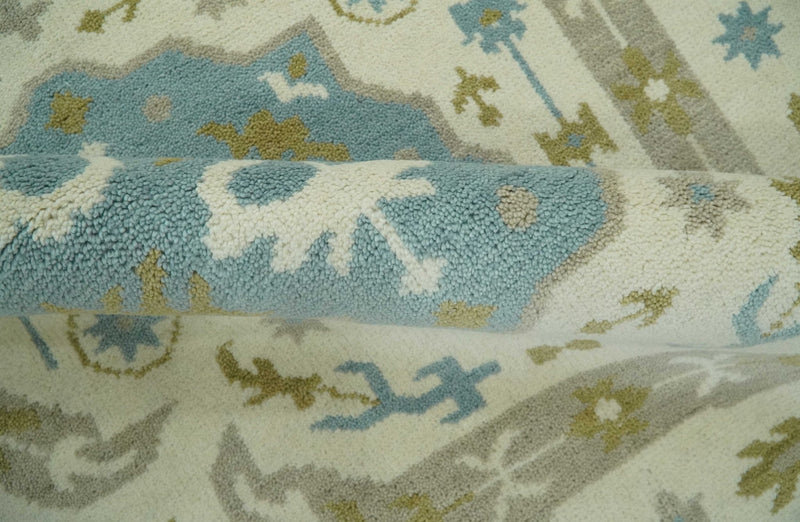 6x9 Ivory, Olive and Teal Hand Knotted Traditional Medallion Mamluk Design wool Area Rug
