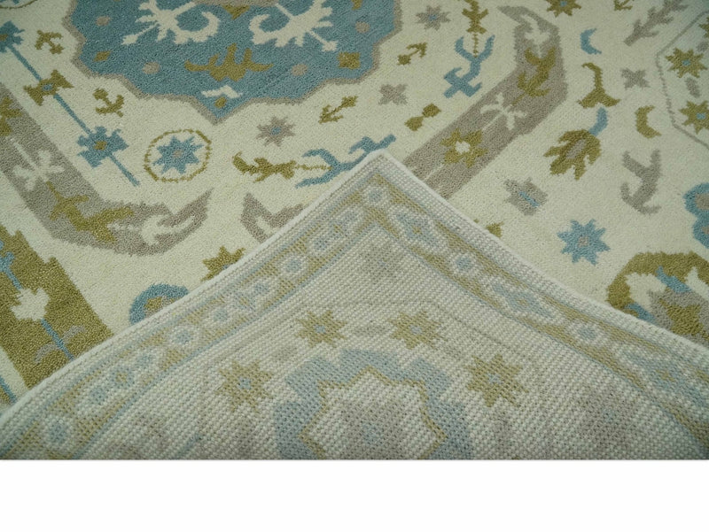 6x9 Ivory, Olive and Teal Hand Knotted Traditional Medallion Mamluk Design wool Area Rug