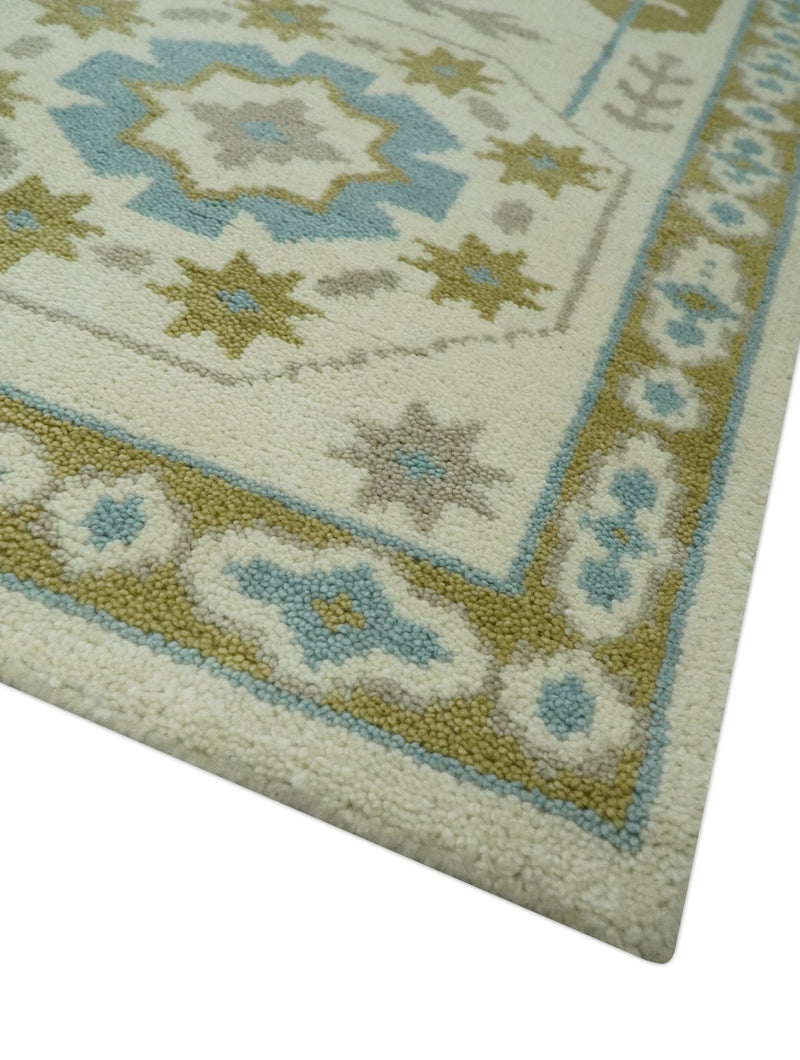 6x9 Ivory, Olive and Teal Hand Knotted Traditional Medallion Mamluk Design wool Area Rug
