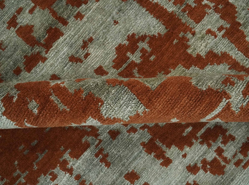 6x9 Rust, Silver and Gray Traditional ikat design Hand loom wool and Viscose Area Rug