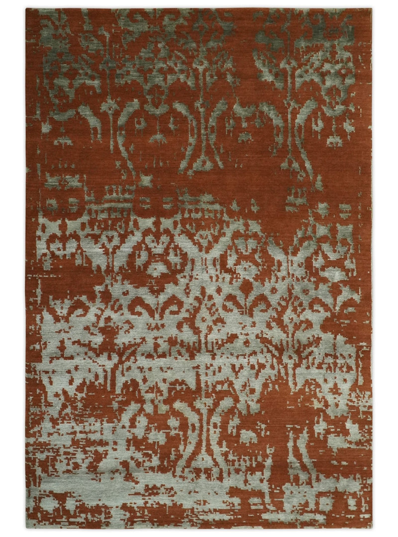 6x9 Rust, Silver and Gray Traditional ikat design Hand loom wool and Viscose Area Rug