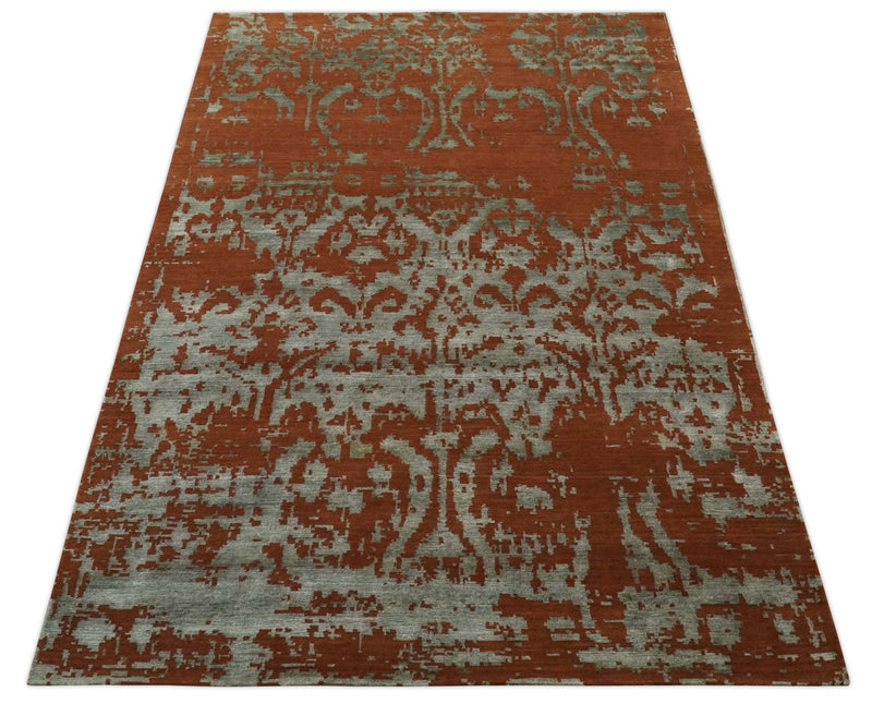 6x9 Rust, Silver and Gray Traditional ikat design Hand loom wool and Viscose Area Rug