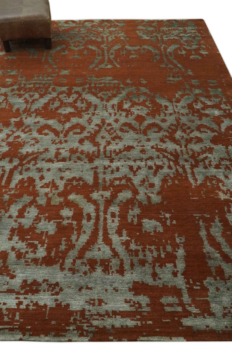 6x9 Rust, Silver and Gray Traditional ikat design Hand loom wool and Viscose Area Rug
