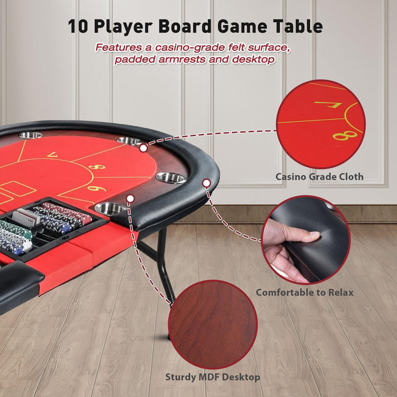 10 Players Foldable Poker Texas Holdem Table with Stainless Steel Cup Holders Padded Rails, Red