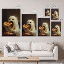 Cute Ghost Chompin on A Pizza, Ghostly Pizza Pirate, Framed Canvas Print, Funny Halloween Spooky Season Art